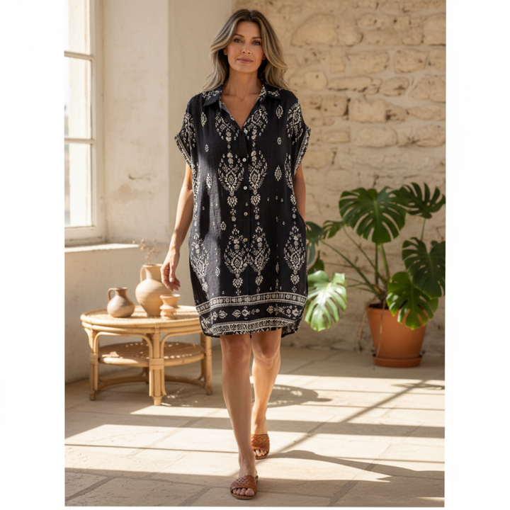 Micayla – Vintage Boho Printed Shirt Dress