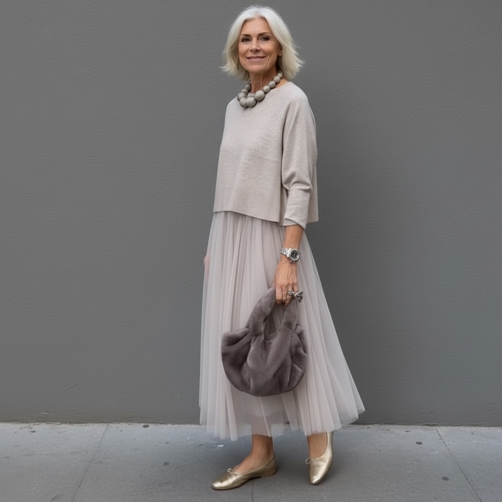 Woman in stylish gray two-piece set with pleated skirt and plush bag, outdoor urban setting.