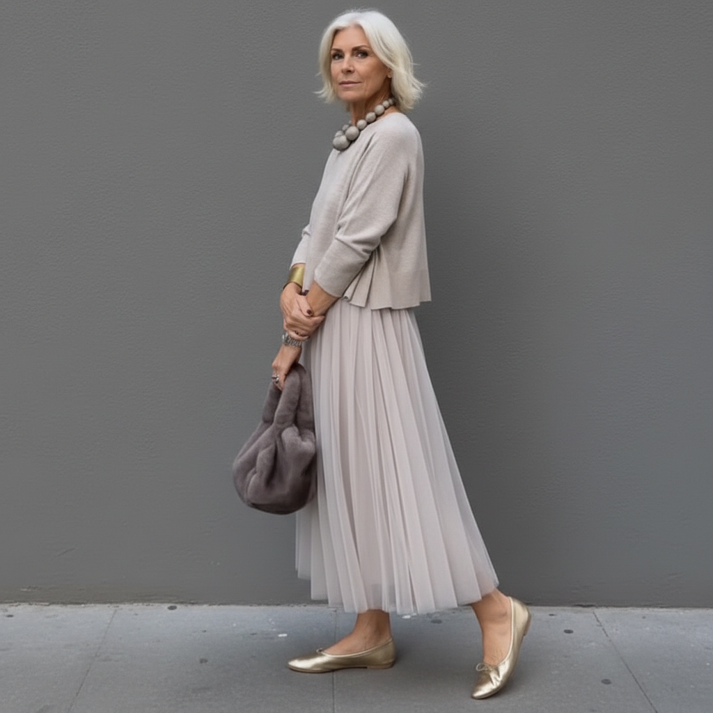 Elegant woman in gray pleated skirt set, with plush bag, urban background.