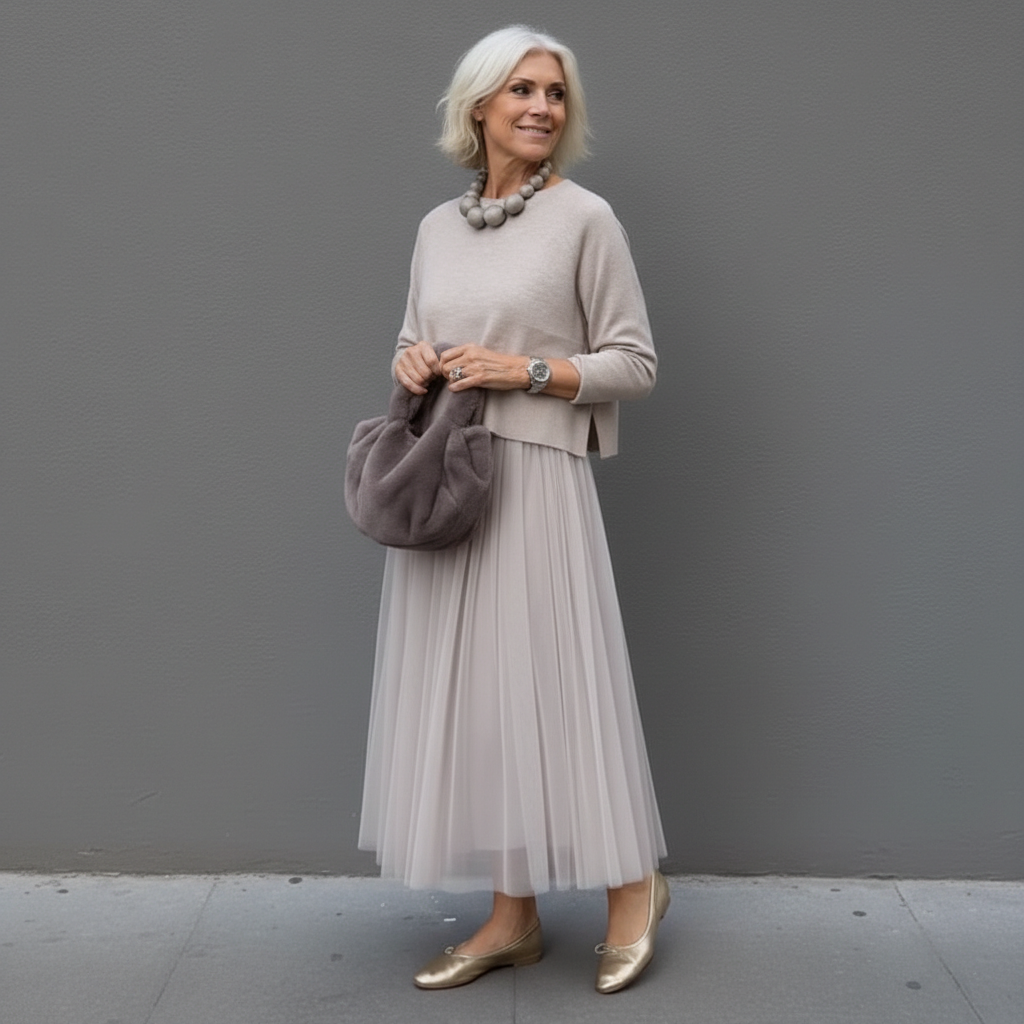 Elegant woman in gray outfit with pleated skirt and a plush handbag, standing outdoors.