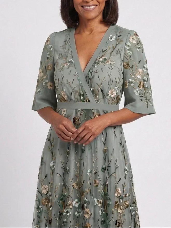 Evadne | Floral V Neck Short Sleeve Maxi Dress