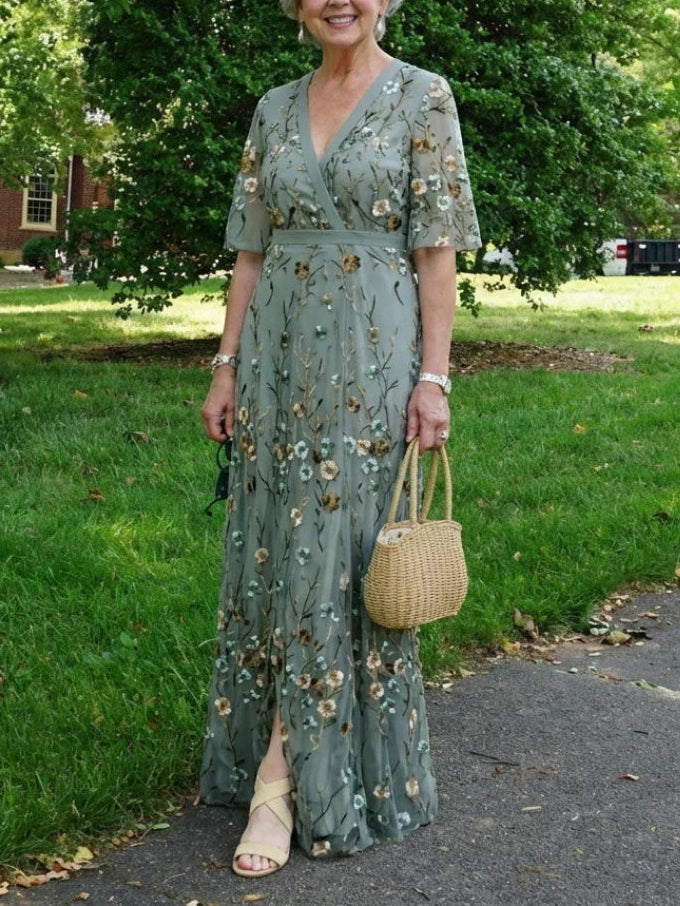 Evadne | Floral V Neck Short Sleeve Maxi Dress