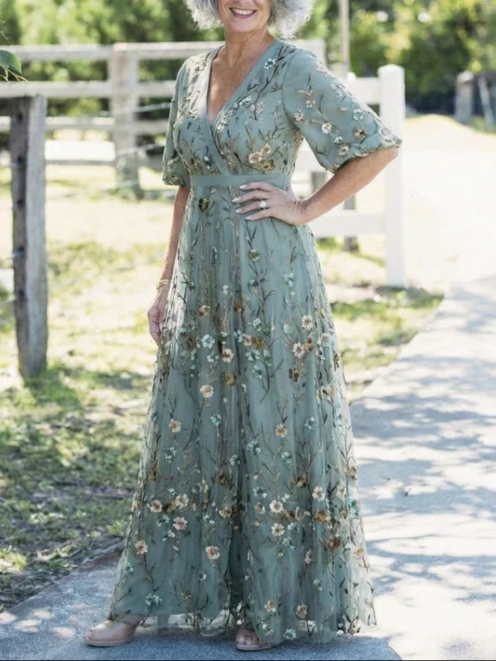 Evadne | Floral V Neck Short Sleeve Maxi Dress