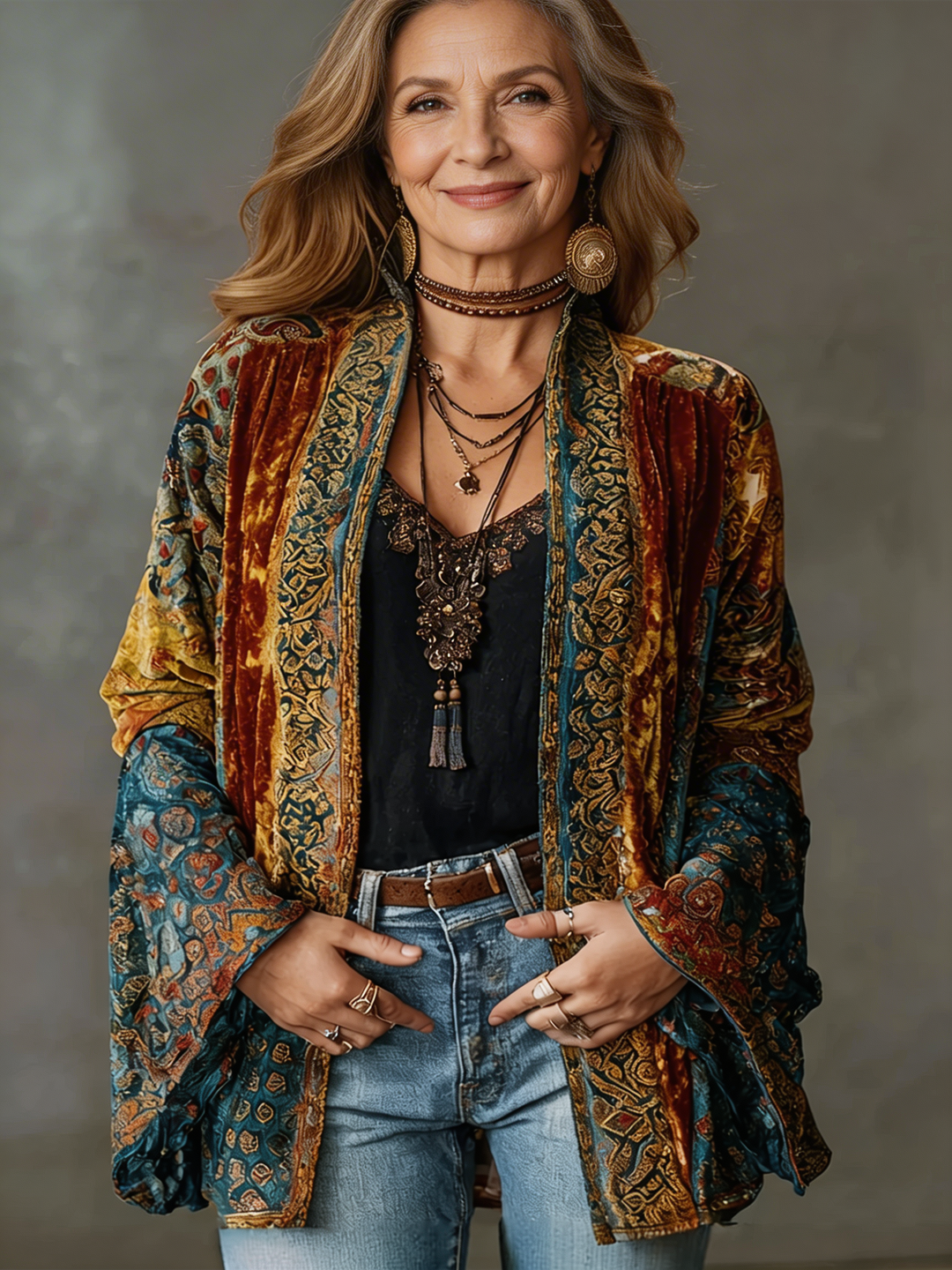 Woman wearing an ornate boho kimono cardigan in warm colors, layered jewelry, and jeans, set against a gray studio background.