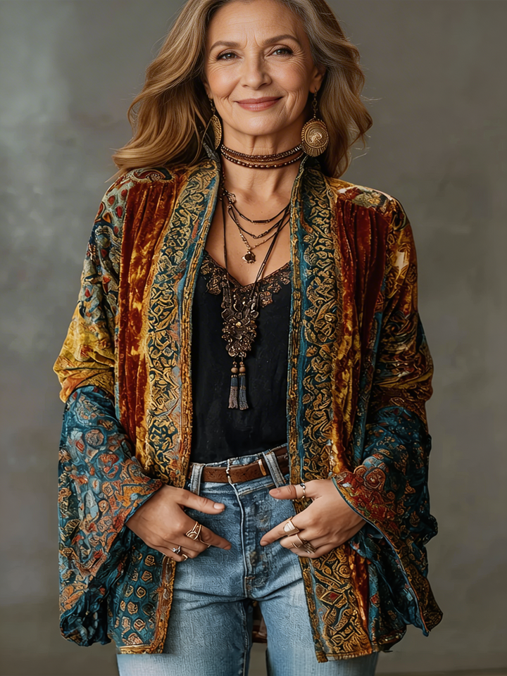 Woman wearing an ornate boho kimono cardigan in warm colors, layered jewelry, and jeans, set against a gray studio background.