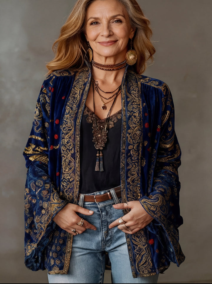 Woman in a blue boho kimono cardigan with detailed embroidery, layered necklaces, and jeans, on a gray studio backdrop.