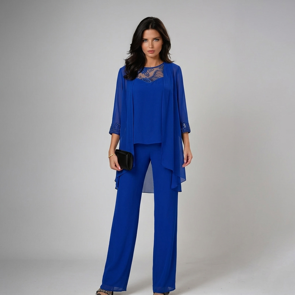 Model in vibrant blue three-piece set with lace accents, holding a black clutch in a studio setting.