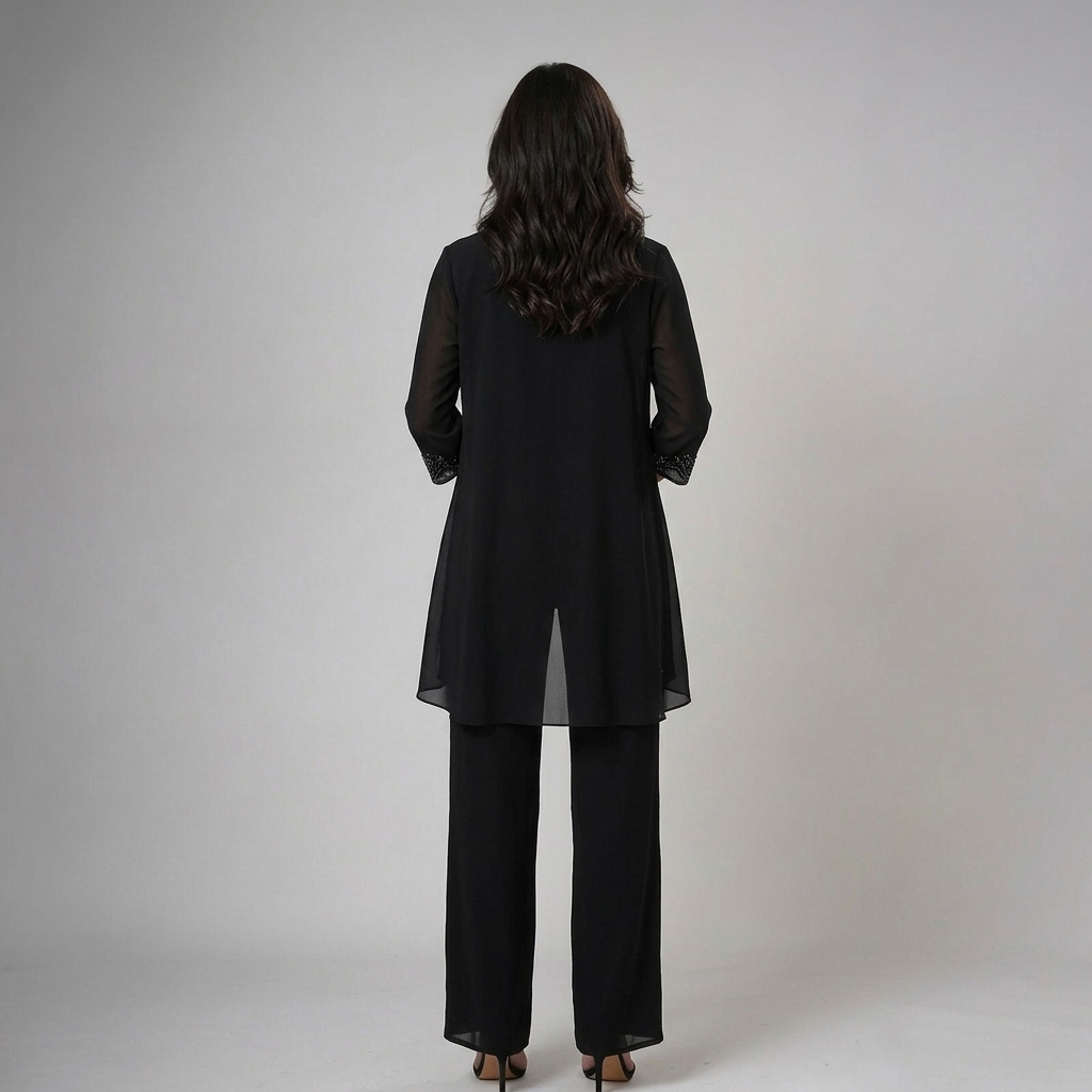 Back view of model in black set with lace cuffs, holding clutch in a studio environment.