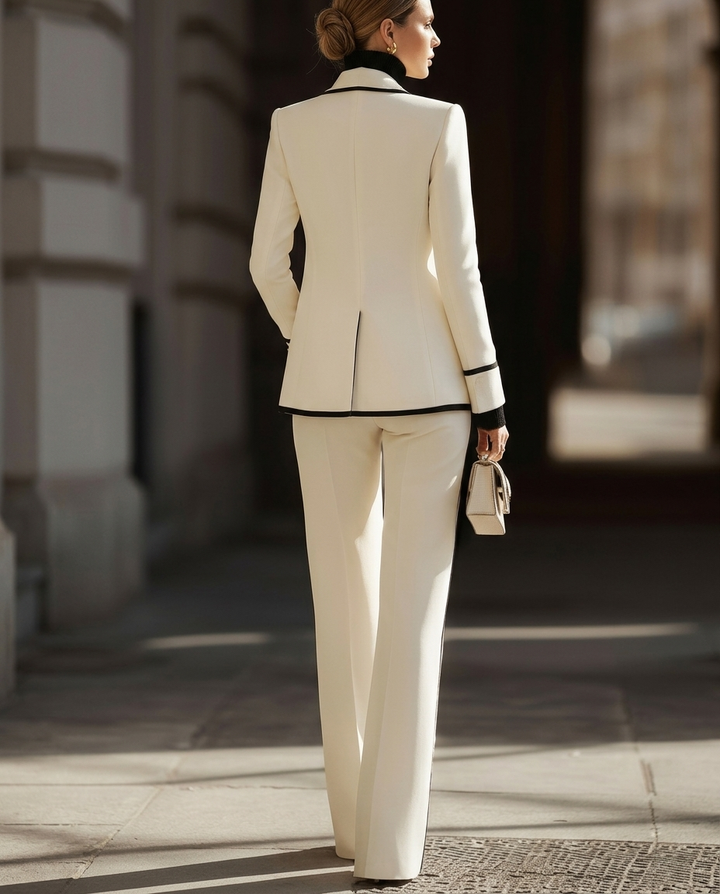 Back view of a stylish two-piece set featuring a tailored blazer and wide-leg pants with black trim, in a city environment.