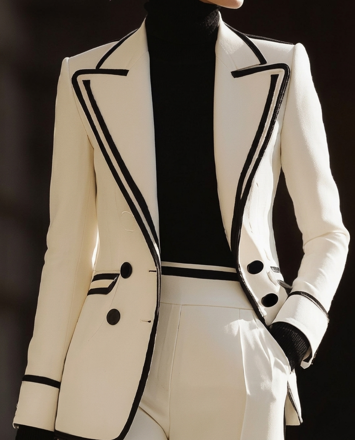 Close-up of a chic blazer with contrasting black trim, double-breasted buttons, part of a two-piece set against a blurred urban background.