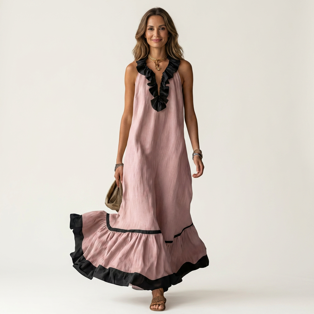 Woman in pink sleeveless maxi dress with ruffle-neck and contrast trim, holding bag, smiling in studio.