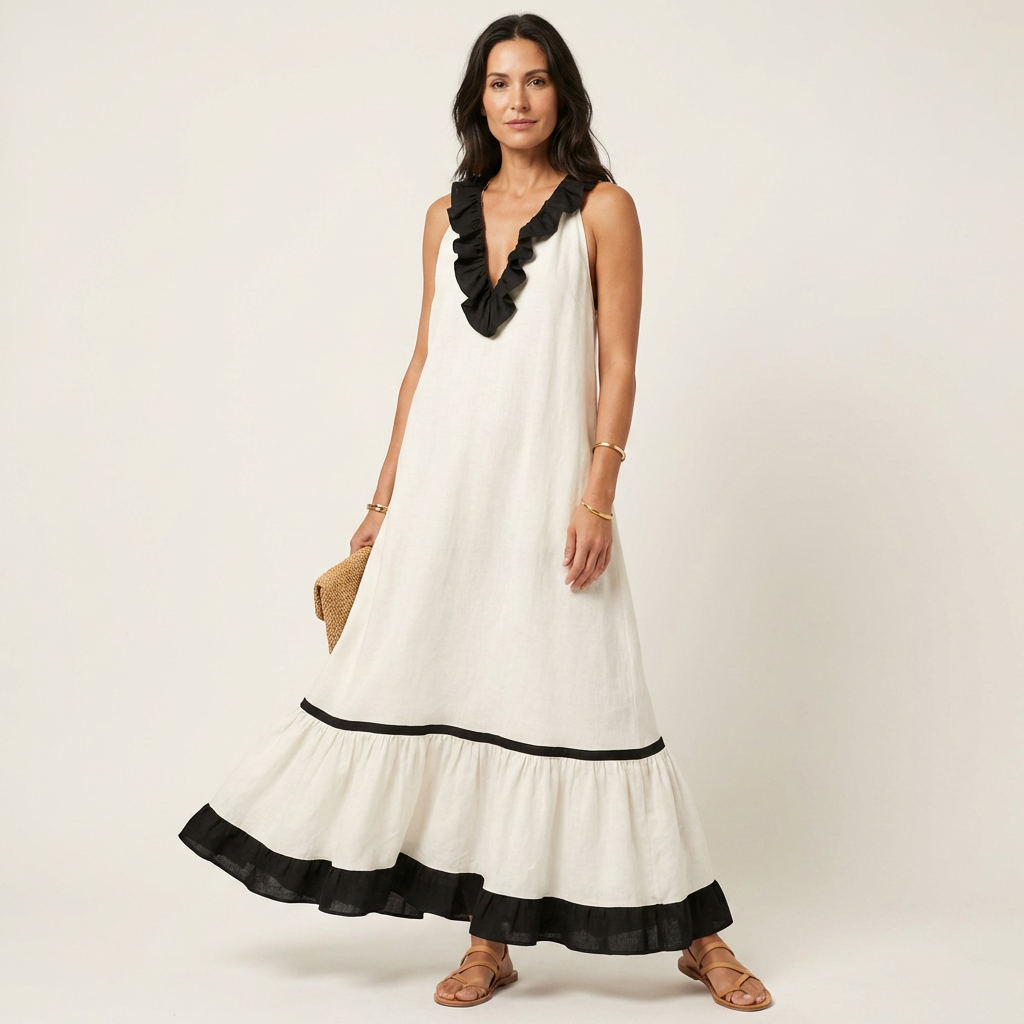Woman in white sleeveless maxi dress with ruffle-neck and contrast trim, holding bag in studio.