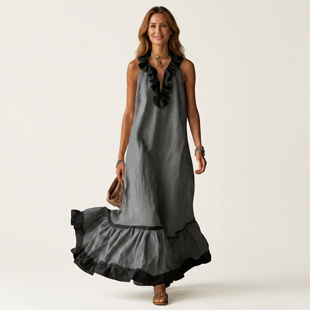 Woman in gray sleeveless maxi dress with ruffle-neck and contrast trim, holding bag, smiling in studio.