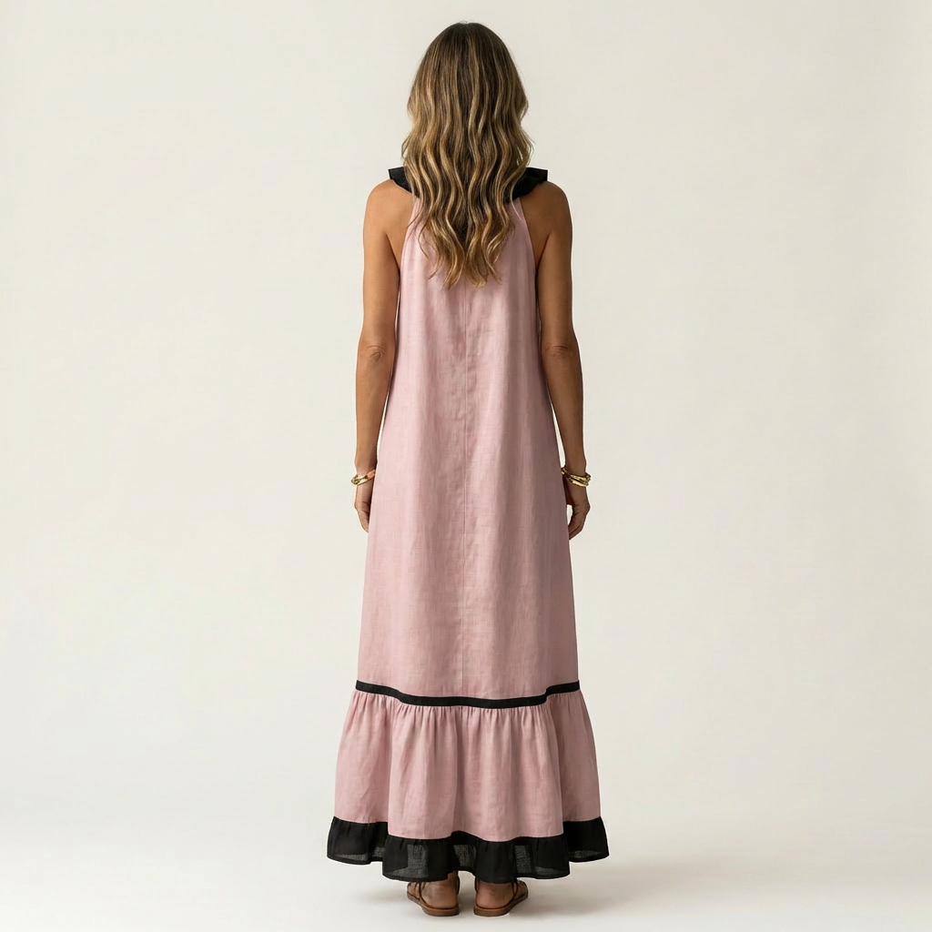 Back view of woman in pink sleeveless maxi dress with ruffle-neck and contrast trim in studio.