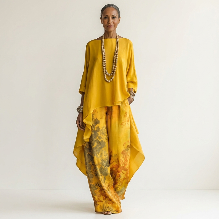 Woman in mustard yellow elegant ensemble with flowing top and floral wide-leg pants in studio setting.