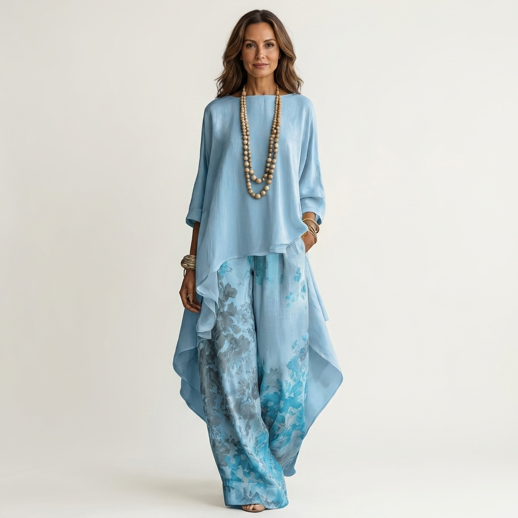 Woman in light blue elegant ensemble with flowing top and floral wide-leg pants in studio setting.