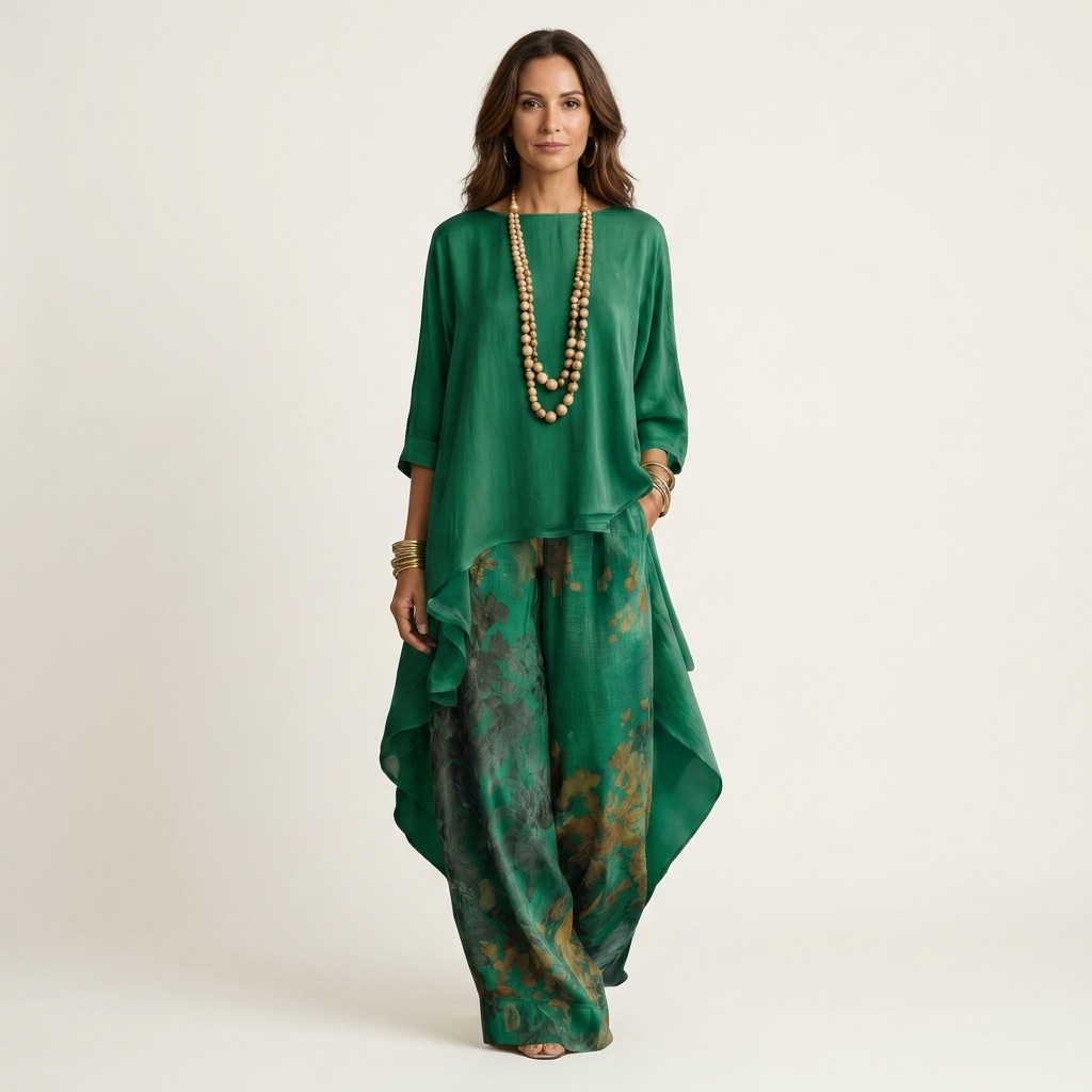 Model in green flowing set with floral pants and layered top, in a simple studio setting.