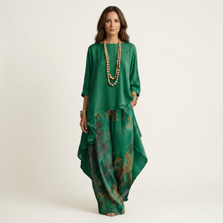 Woman in emerald green elegant ensemble with flowing top and floral wide-leg pants in studio setting.
