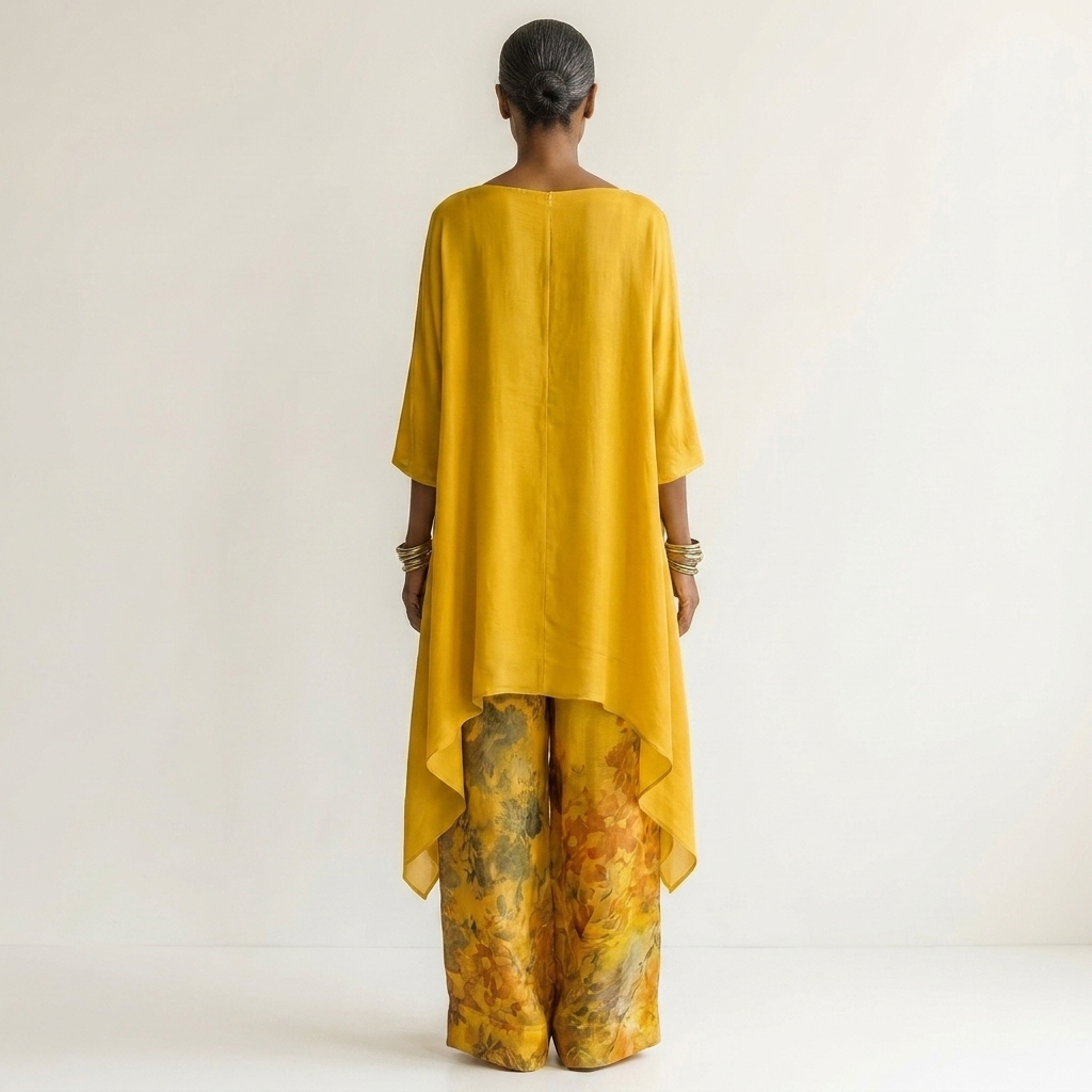 Back view of mustard yellow elegant set with flowing top and floral wide-leg pants in studio.