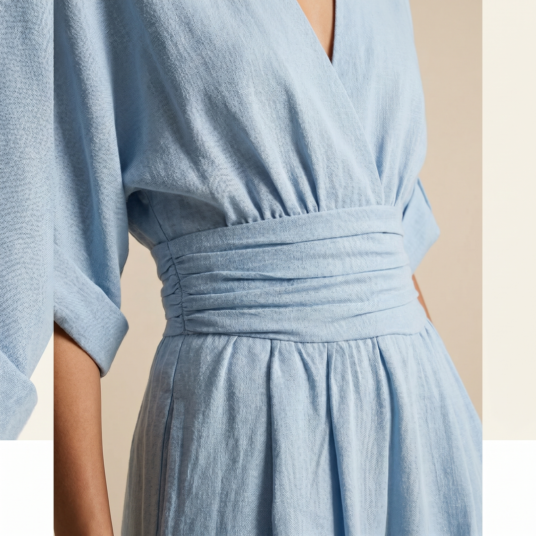 Close-up of light blue jumpsuit&