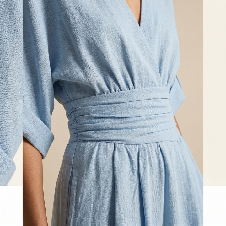 Close-up of light blue jumpsuit&