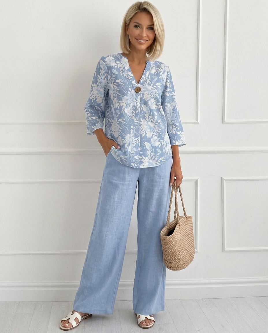 Woman in a light blue floral top and trousers, holding a straw bag, in a white walled indoor setting.