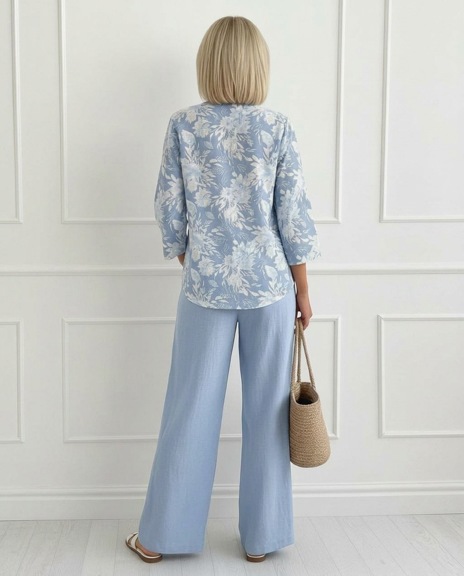 Back view of a woman in blue floral attire holding a straw bag in a white paneled room.