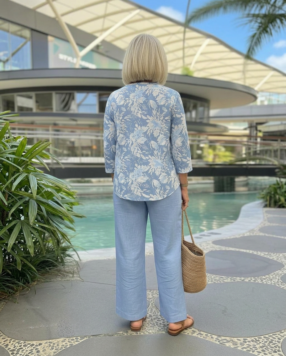 Back view of a woman in blue floral attire with a straw bag, near a pool at an outdoor shopping mall.