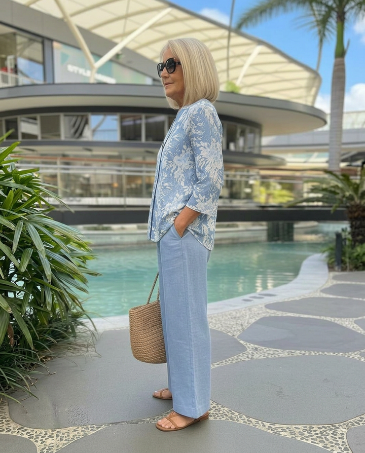 Woman in a blue floral set with a straw bag, standing beside a pool in an outdoor shopping area.
