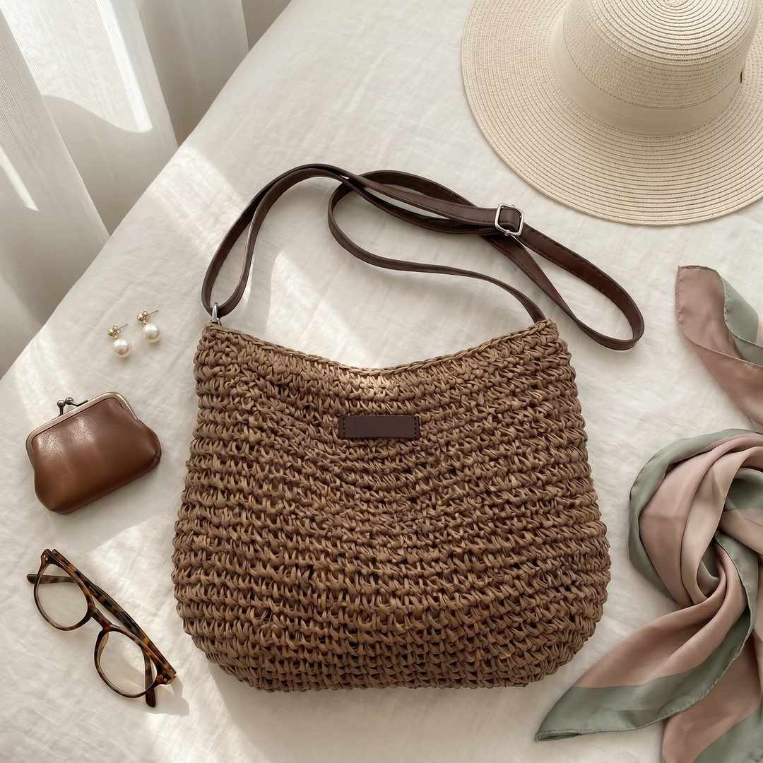 Brown woven bag with accessories like hat and glasses on a soft fabric surface.