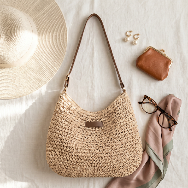 Woven bag with accessories like hat, glasses, and purse on a light fabric surface.