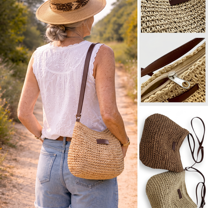 Woman with woven bag outdoors, close-up of bag details, two colored bags on white background.