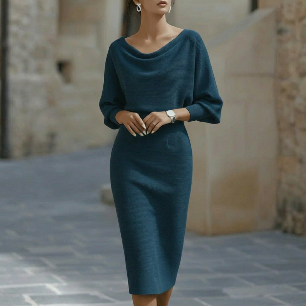 Classy teal midi dress with draped neckline and three-quarter sleeves, shown in an outdoor environment.