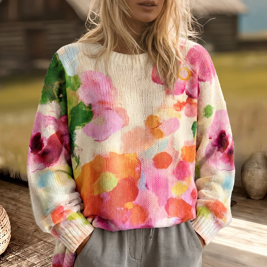 Multicolor Tie-Dye Floral Knit Sweater
