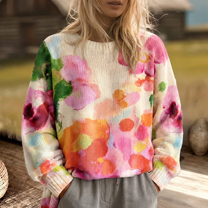 Multicolor Tie-Dye Floral Knit Sweater
