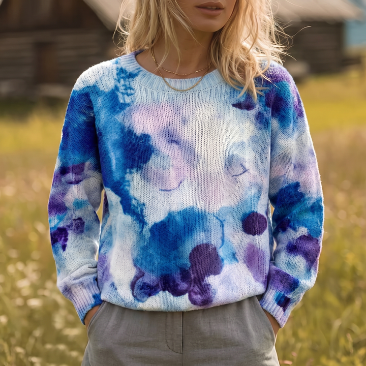 Blue Tie-Dye Floral Knit Sweater