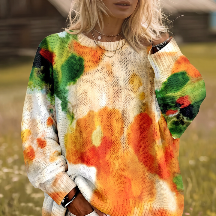 Amberly | Orange Tie-Dye Floral Round-Neck Sweater