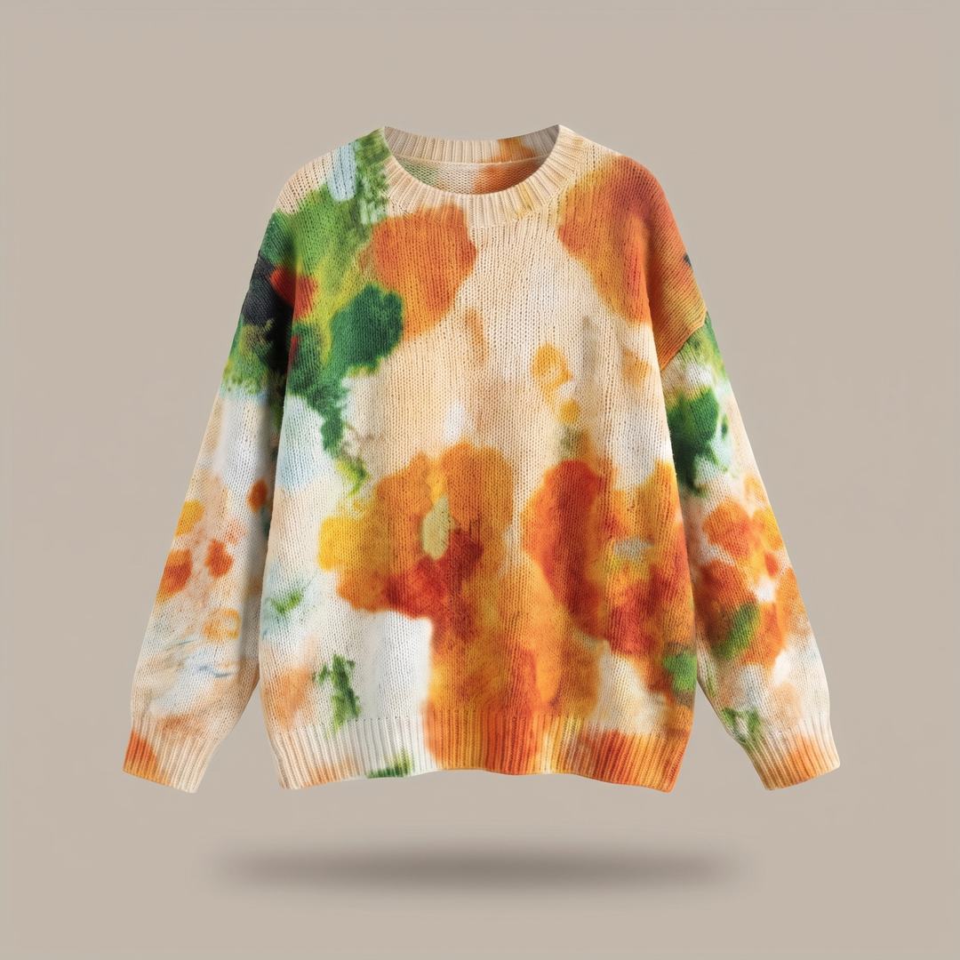 Amberly | Orange Tie-Dye Floral Round-Neck Sweater