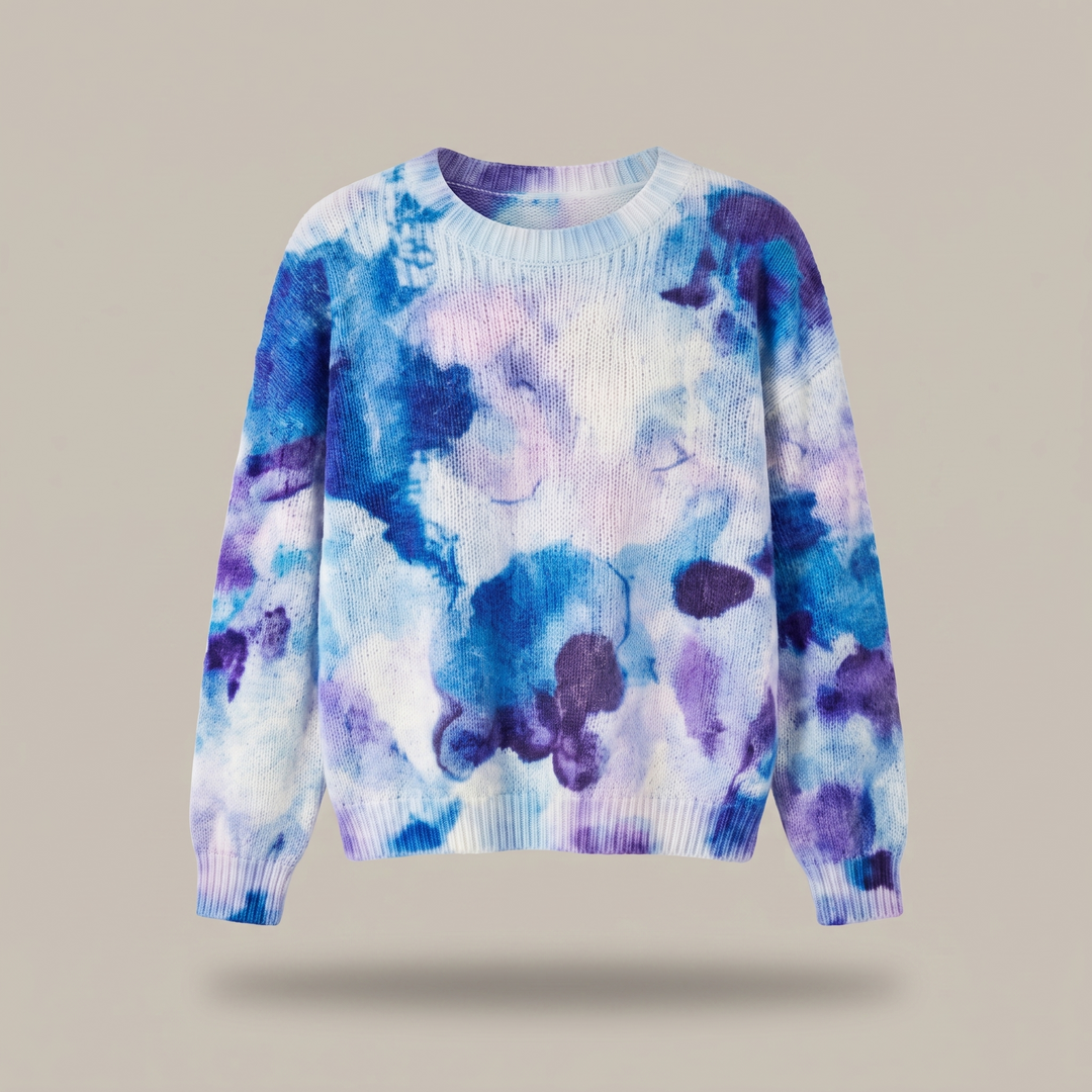 Blue Tie-Dye Floral Knit Sweater