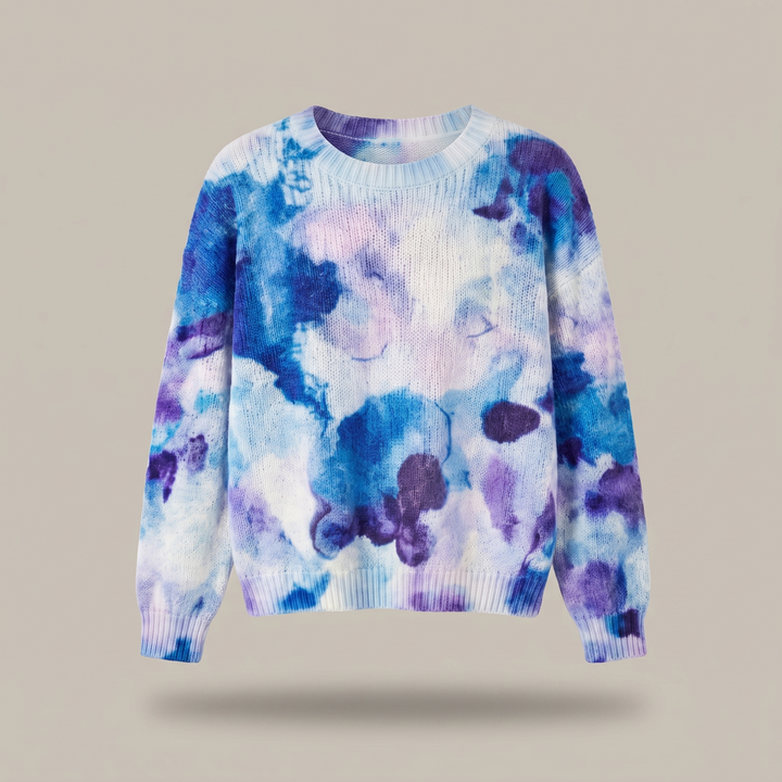Blue Tie-Dye Floral Knit Sweater