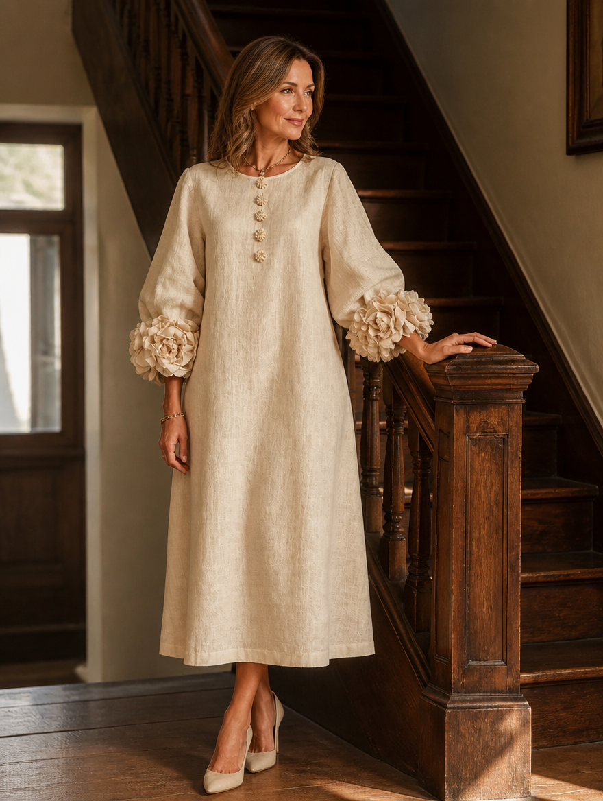 Willa | Floral Lantern-Sleeve Midi Dress