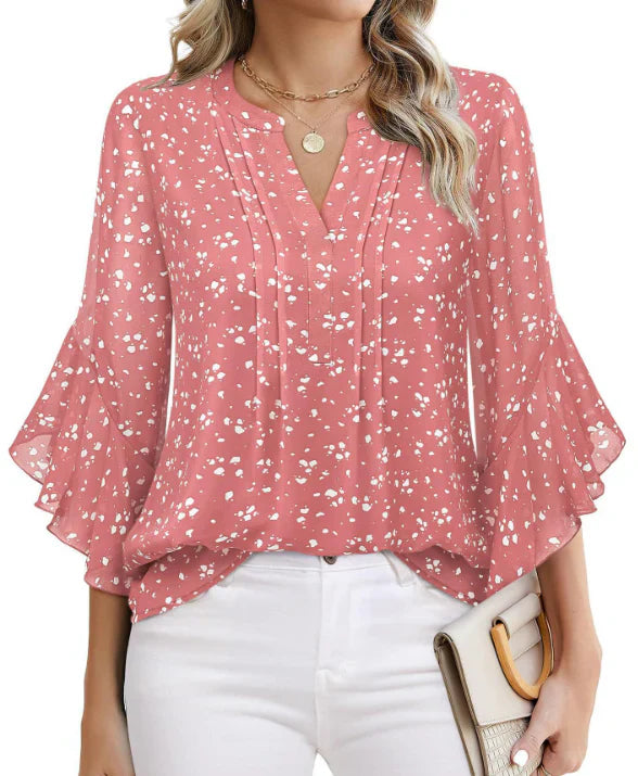 Jen – V-Neck Printed Blouse with Long Sleeves