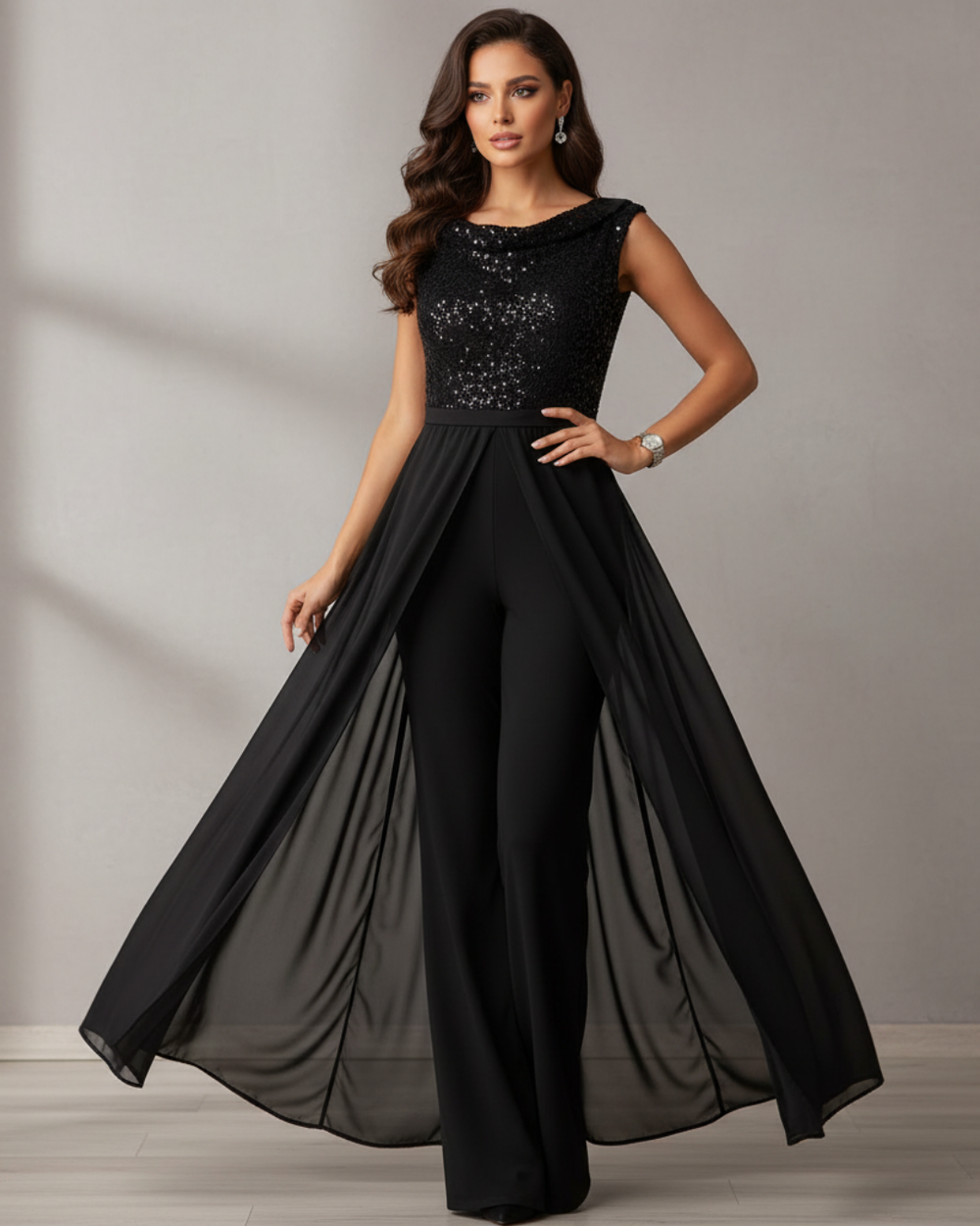 Front view of elegant black jumpsuit with sequined top and flowing sheer overlay, studio setting.