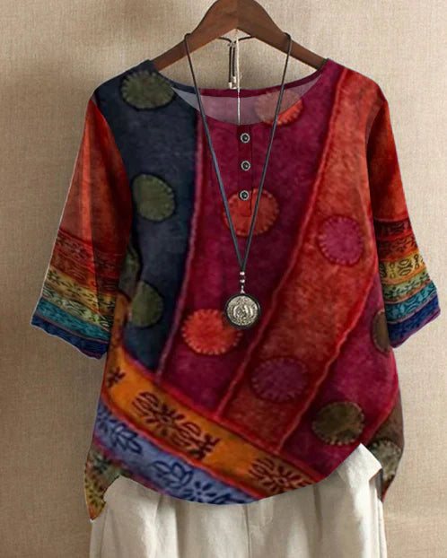 Jael – Boho-Print Top with ¾ Sleeves