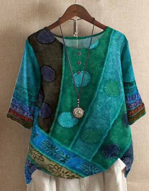 Jael – Boho-Print Top with ¾ Sleeves