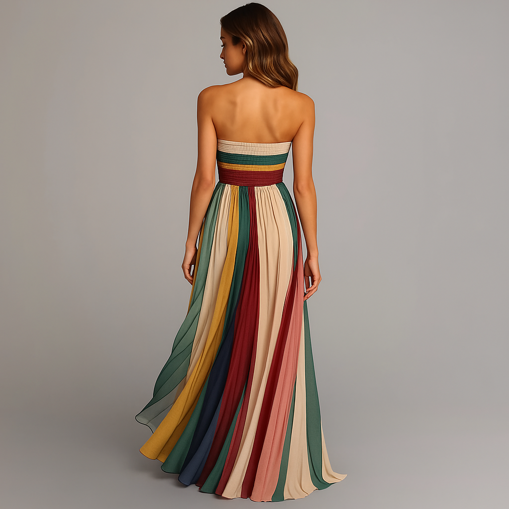 Rear view of a woman in a strapless colorful pleated maxi dress against a studio backdrop.