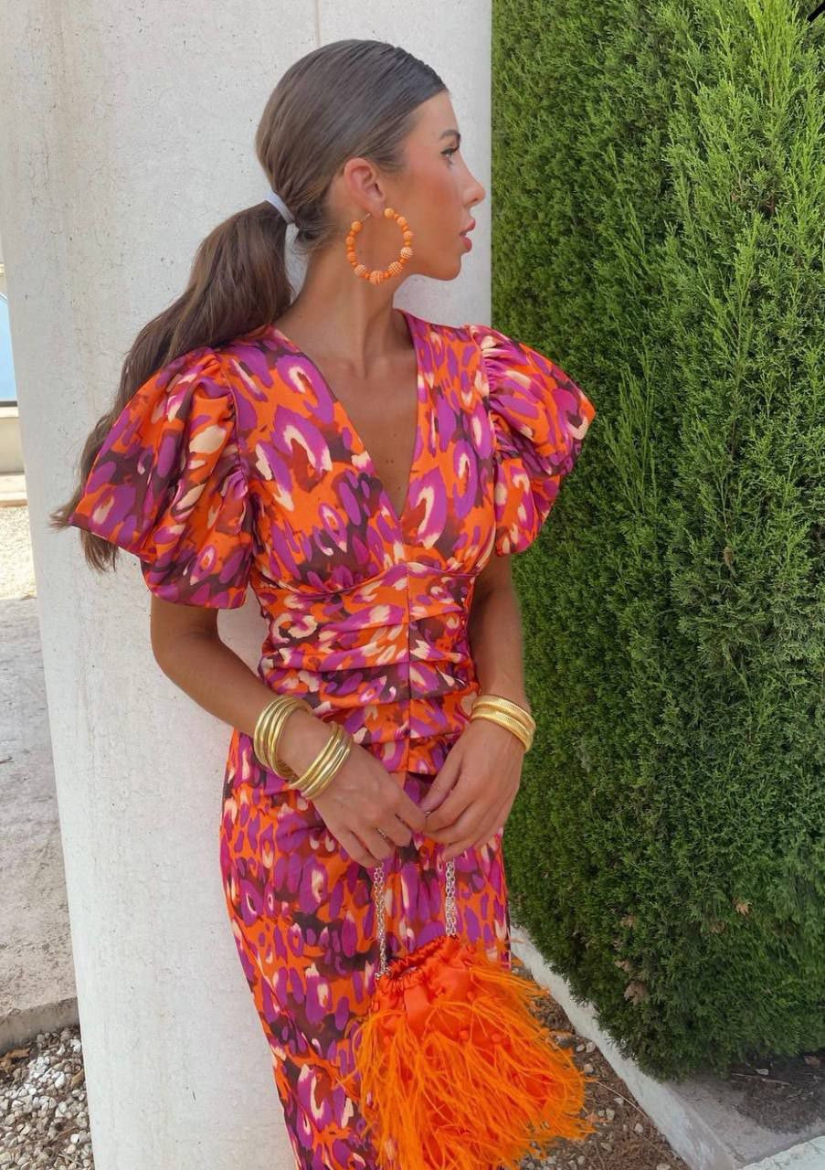 Giselle – Printed Midi Dress with Puff Sleeves