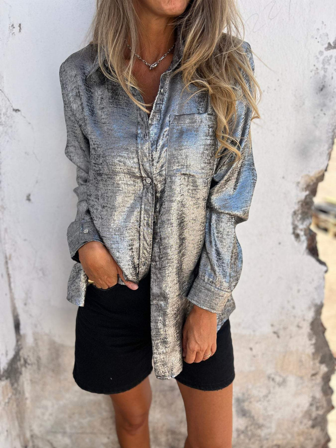 Amaya – Shimmer Button-Up Blouse