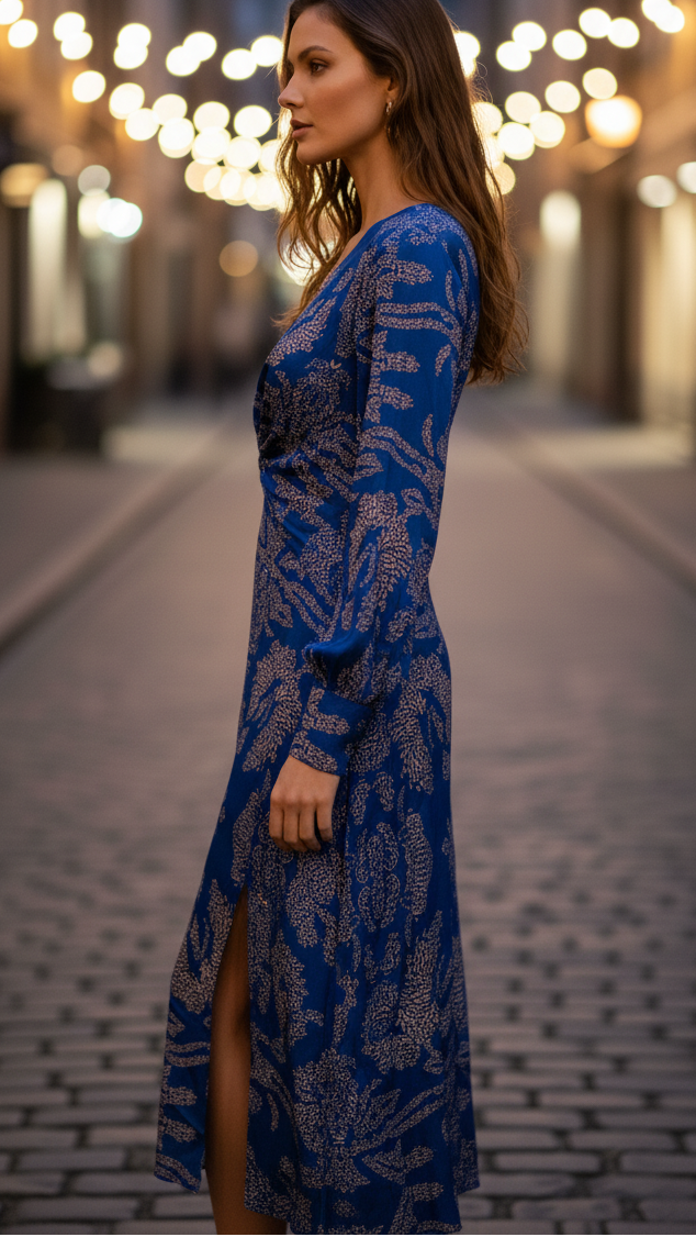 Side view of blue patterned dress with long sleeves and slit. Urban night scene with glowing street lights.
