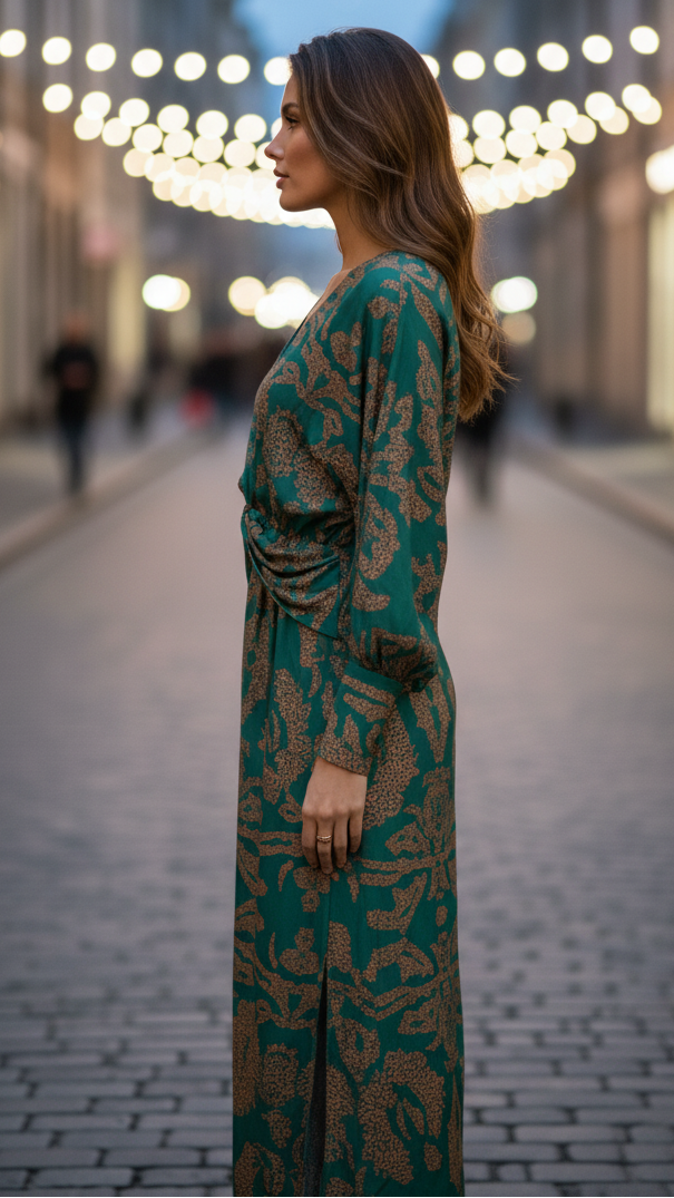 Side profile of green dress with gold pattern and long sleeves. Evening city scene with blurred lights.